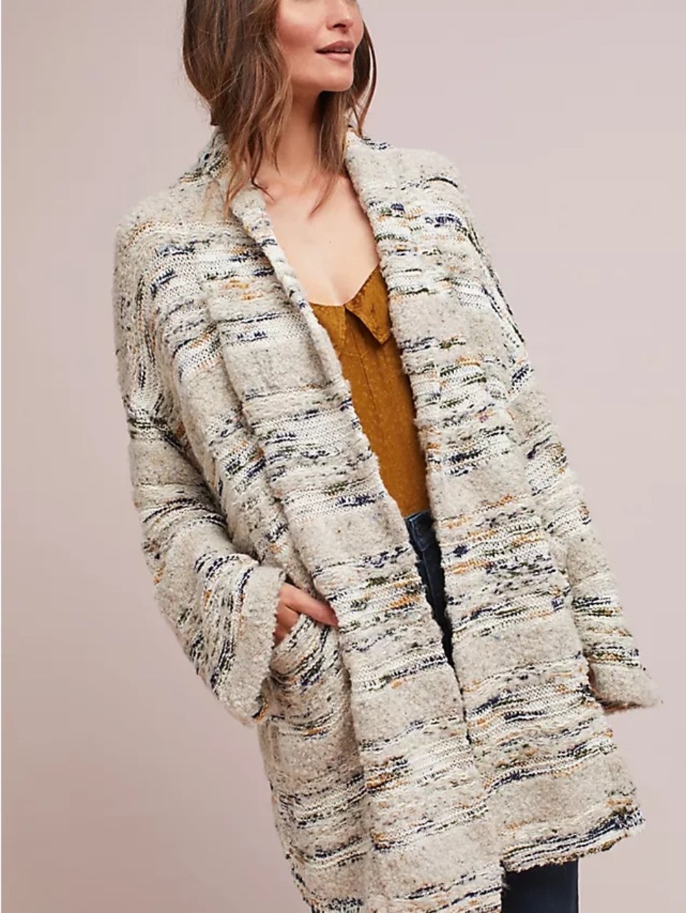 Moth Ivory Bouclé Open-Front Teddy Jacket with Multicolor Flecks
